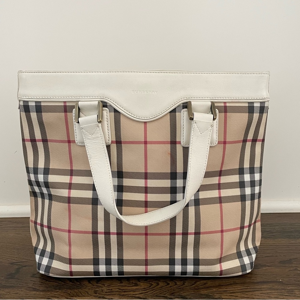 Burberry check pattern tote bag with white handles